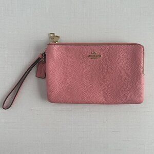Coach Pink Pebbled Leather Wristlet with Gold Hardware & Zip Closure